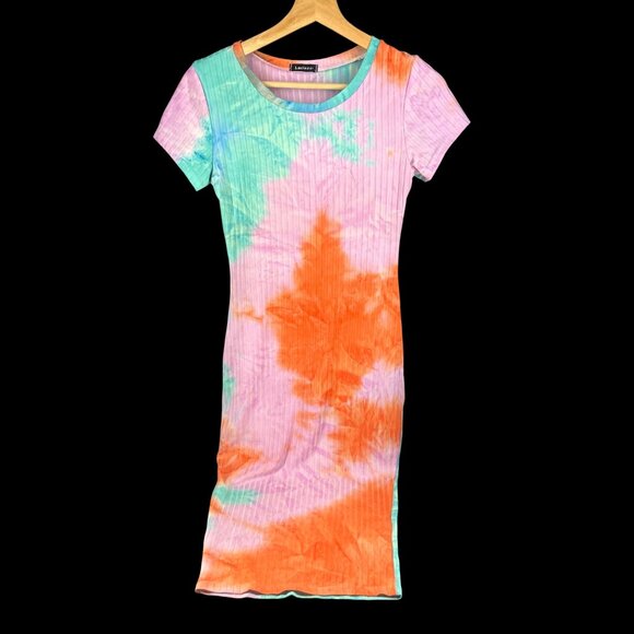 Tie-Dye Ribbed Short Sleeve Midi Dress By Lucineux - Picture 2 of 3